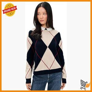 Merino Wool Argyle Pullover Sweater Long Sleeve Collared Neck